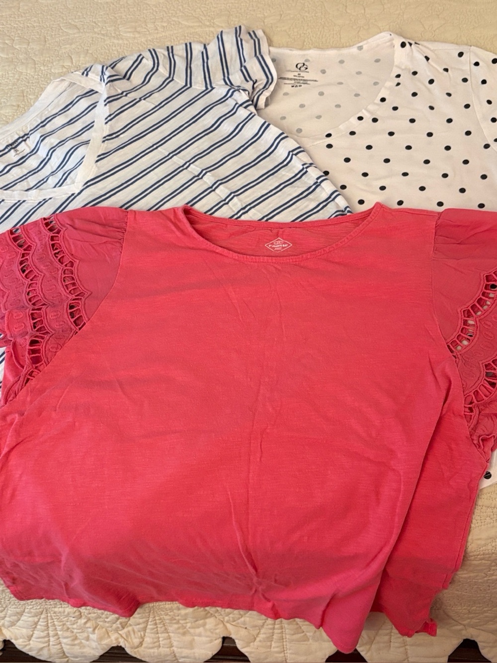 Bundle of 3
XL Hot Pink/black & white polka-dot/blue-striped cotton Tees.